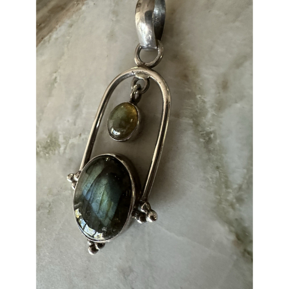 Lg Vtg Sterling Silver 925 2.5” Pendant Labradorite Iridescent Blue Gray Flash - Picture 7 of 10